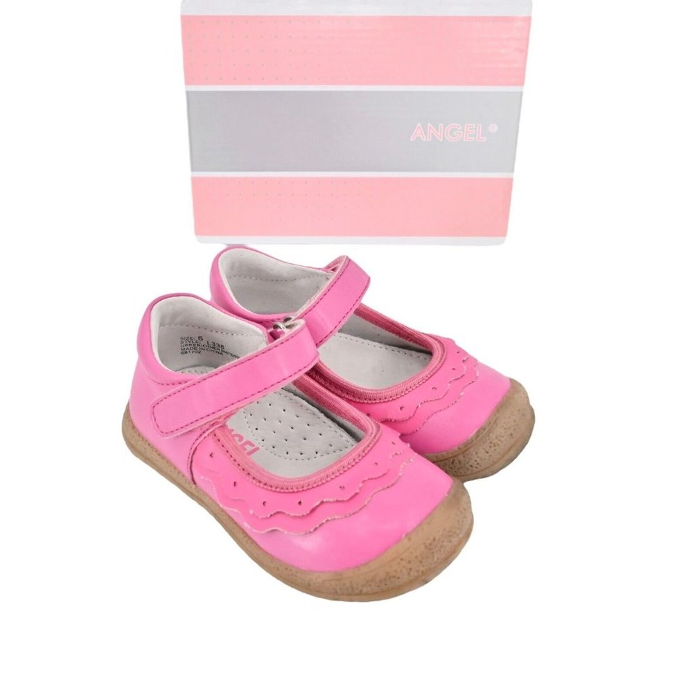 ANGEL Toddler Girl Ruffle Scalloped Mary Jane Pink Closed Toe Ankle Strap Size 6 - Picture 1 of 12